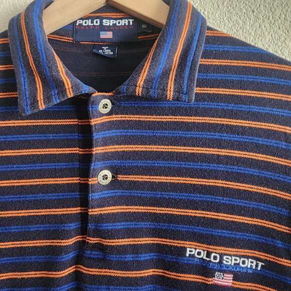 Polo Sport Ralph Lauren Polo Shirt Mens Small Navy Blue Orange Striped Flag - Picture 4 of 10